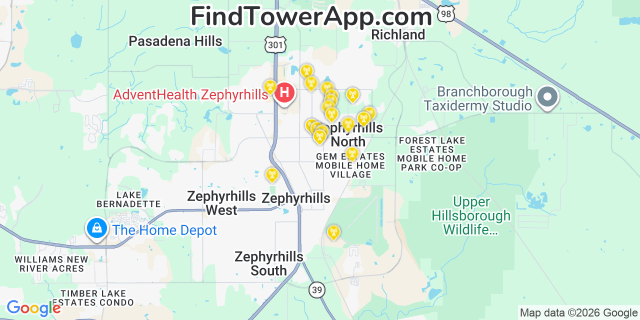 Map showing the 20 primary cell tower locations detected in Zephyrhills North, Florida from AT&T, Verizon, and T-Mobile networks