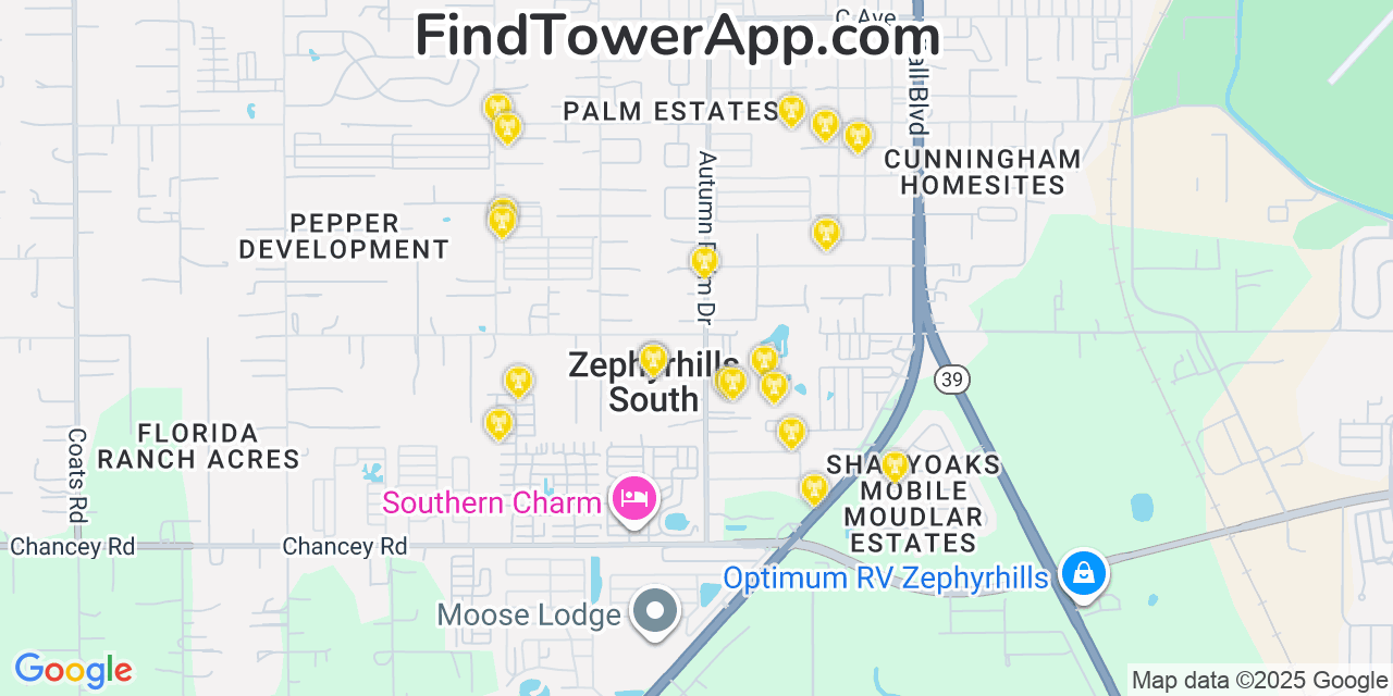 Map showing the 20 primary cell tower locations detected in Zephyrhills South, Florida from AT&T, Verizon, and T-Mobile networks