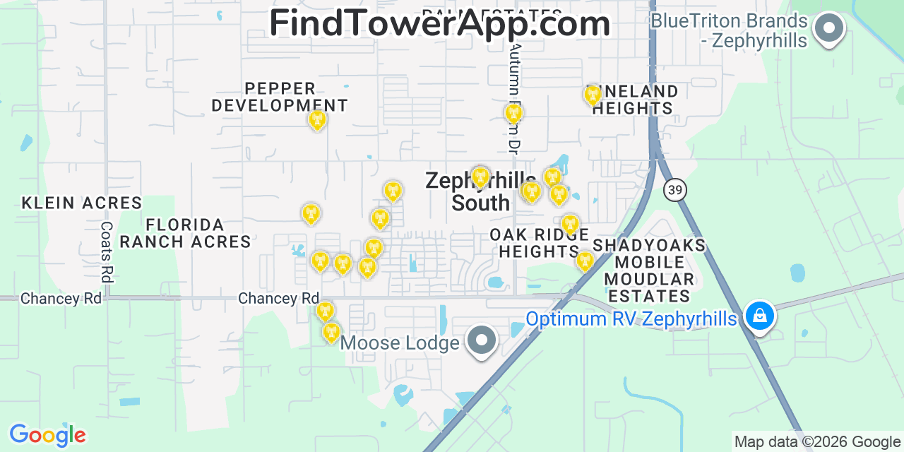 Map showing the 20 primary cell tower locations detected in Zephyrhills South, Florida from AT&T, Verizon, and T-Mobile networks
