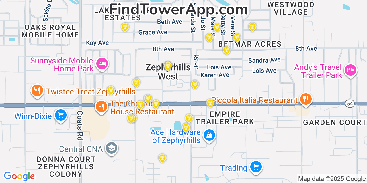 Map showing the 20 primary cell tower locations detected in Zephyrhills West, Florida from AT&T, Verizon, and T-Mobile networks