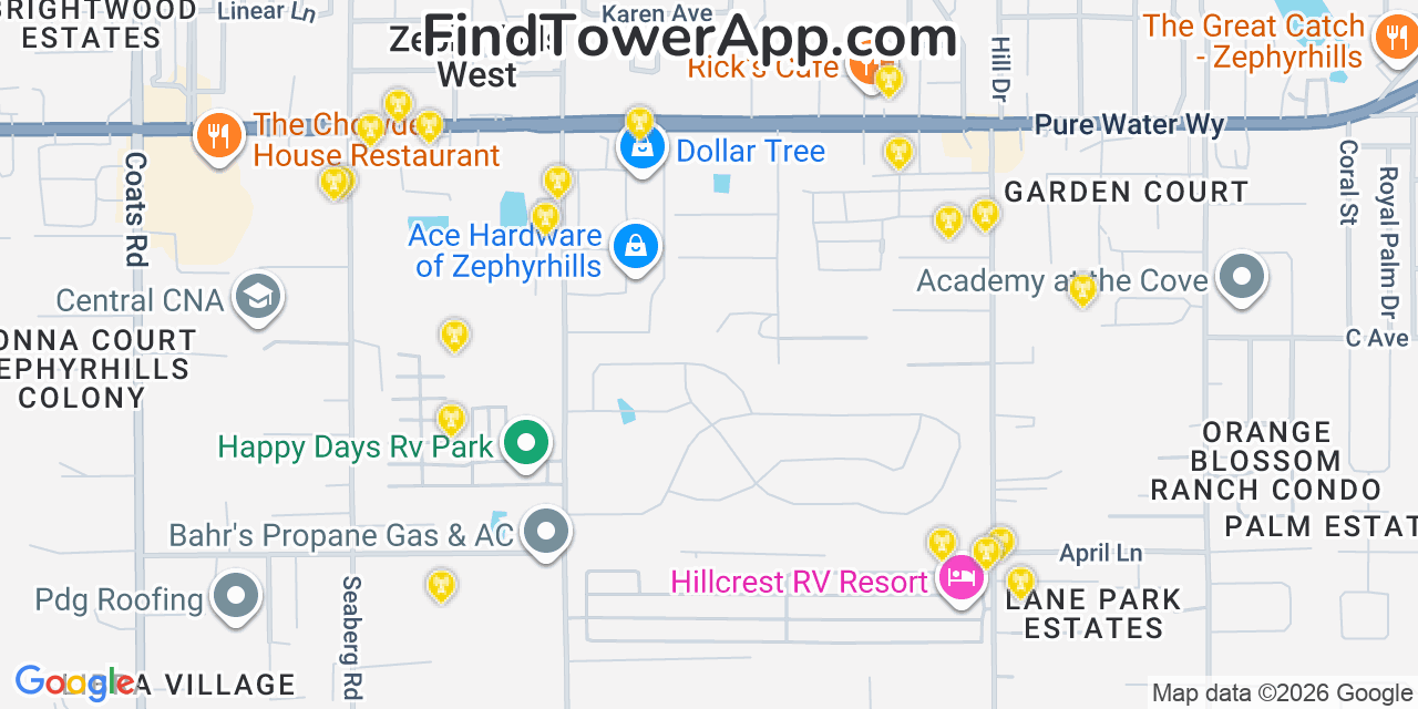 Map showing the 20 primary cell tower locations detected in Zephyrhills West, Florida from AT&T, Verizon, and T-Mobile networks