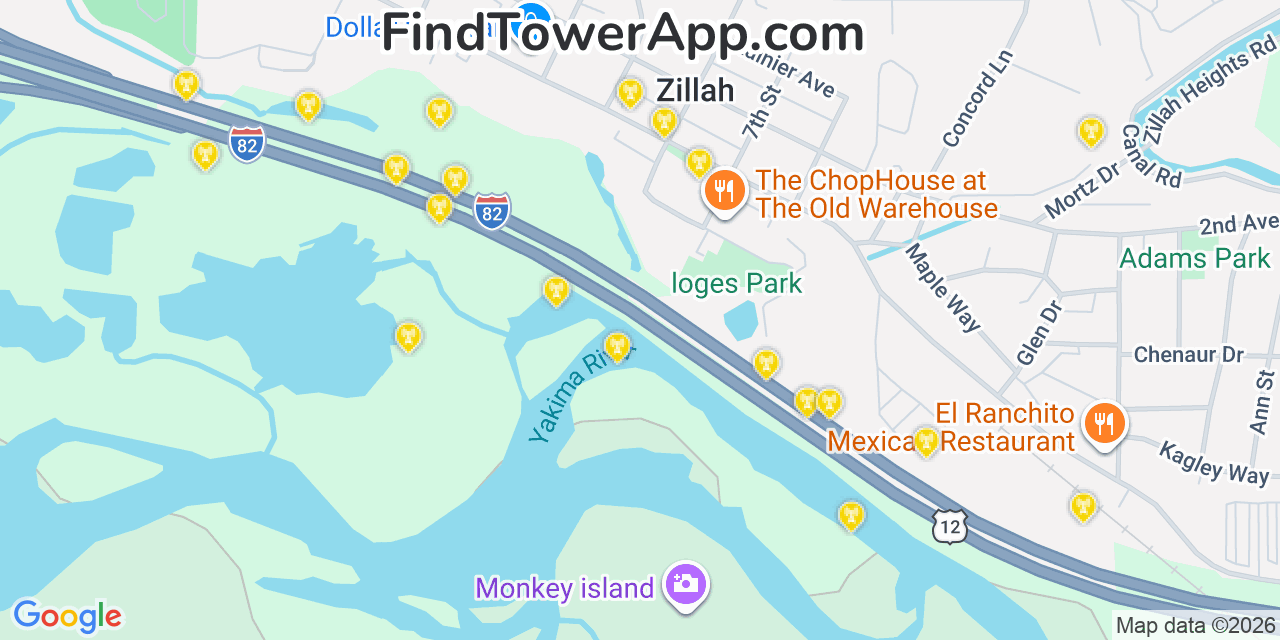 Map showing the 20 primary cell tower locations detected in Zillah, Washington from AT&T, Verizon, and T-Mobile networks