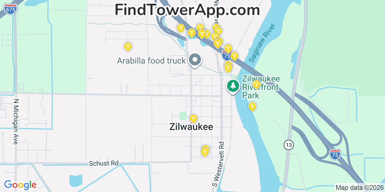 Map showing the 20 primary cell tower locations detected in Zilwaukee, Michigan from AT&T, Verizon, and T-Mobile networks