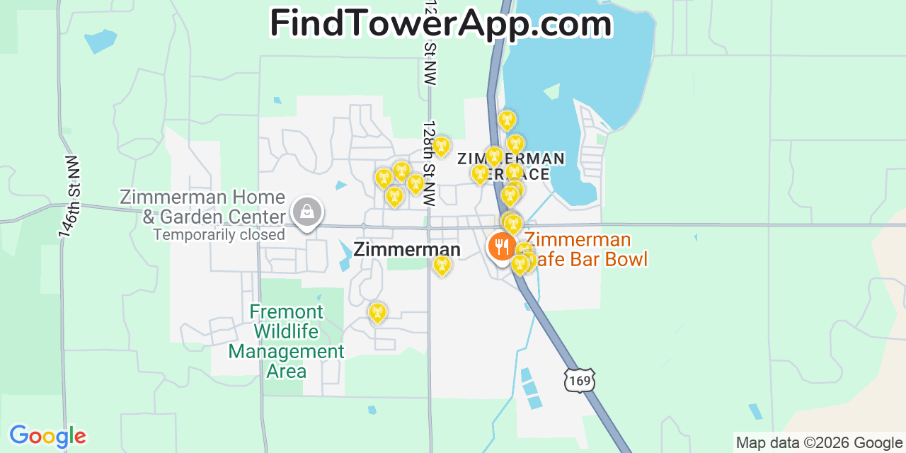 Map showing the 20 primary cell tower locations detected in Zimmerman, Minnesota from AT&T, Verizon, and T-Mobile networks