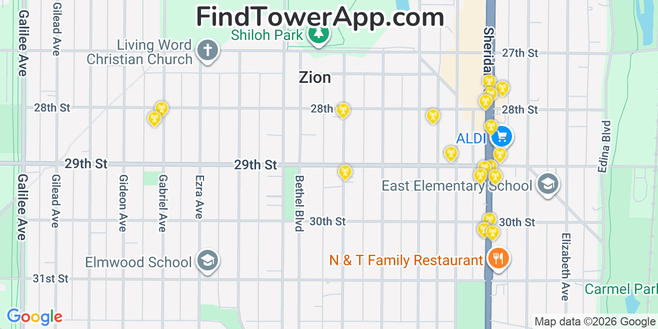 Map showing the 20 primary cell tower locations detected in Zion, Illinois from AT&T, Verizon, and T-Mobile networks