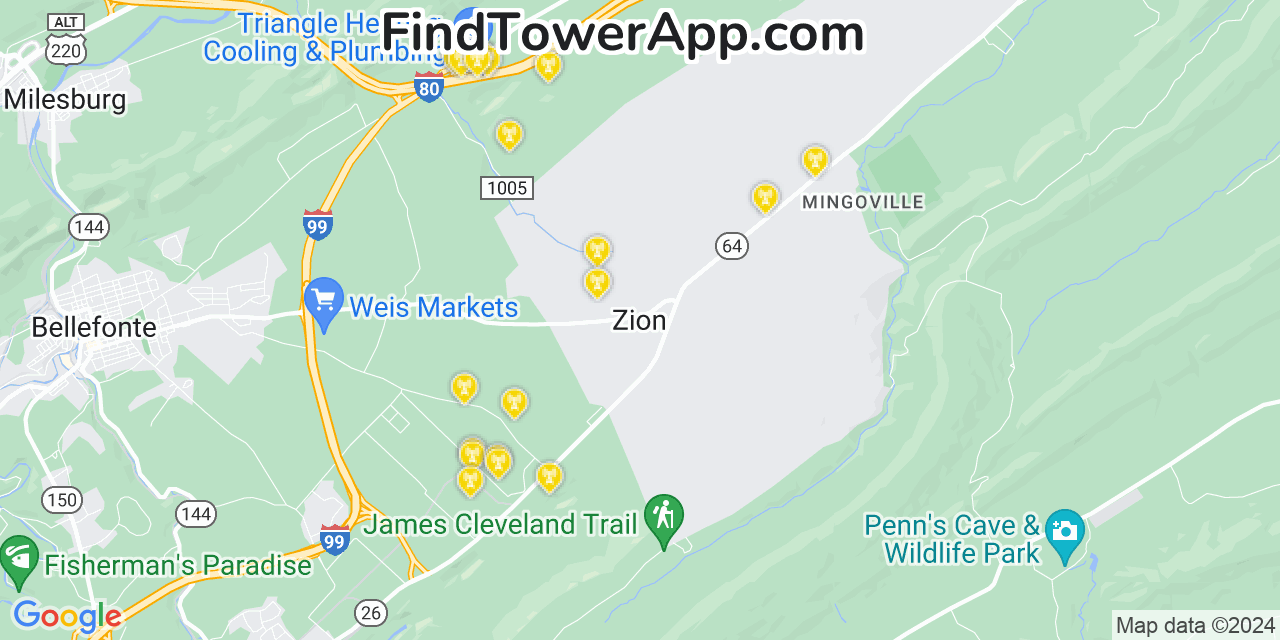 AT&T 4G/5G cell tower coverage map Zion, Pennsylvania