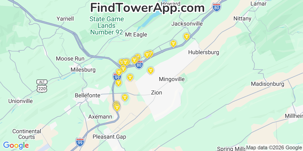 Map showing the 20 primary cell tower locations detected in Zion, Pennsylvania from AT&T, Verizon, and T-Mobile networks