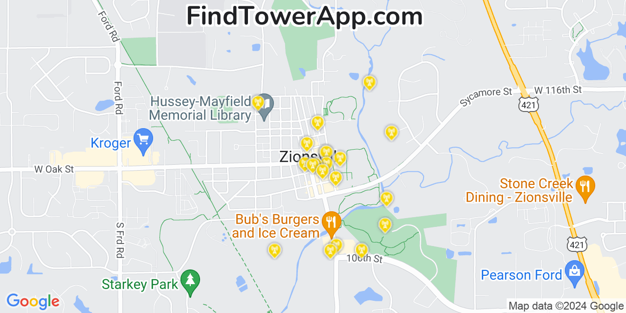 AT&T 4G/5G cell tower coverage map Zionsville, Indiana