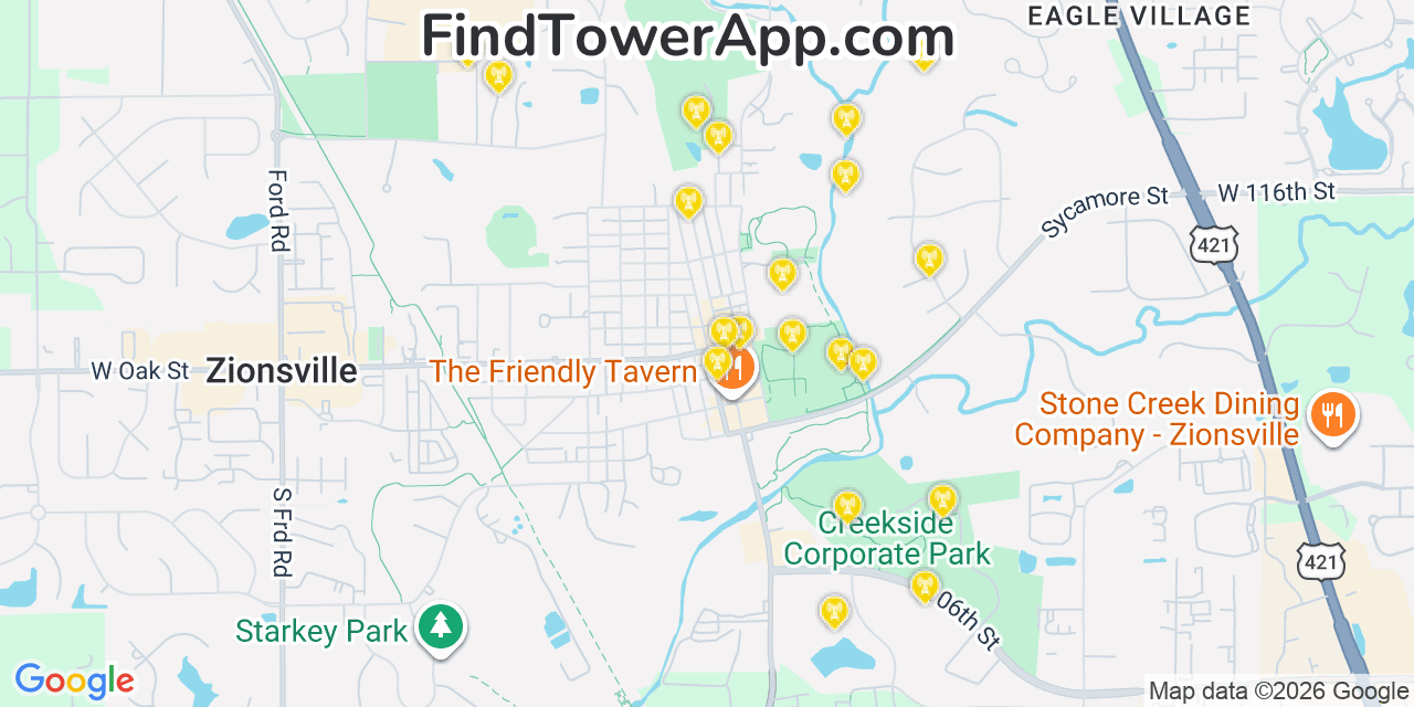 Map showing the 20 primary cell tower locations detected in Zionsville, Indiana from AT&T, Verizon, and T-Mobile networks