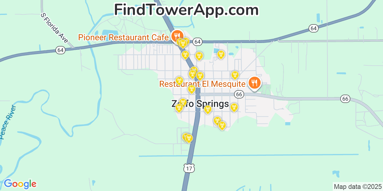 Map showing the 20 primary cell tower locations detected in Zolfo Springs, Florida from AT&T, Verizon, and T-Mobile networks