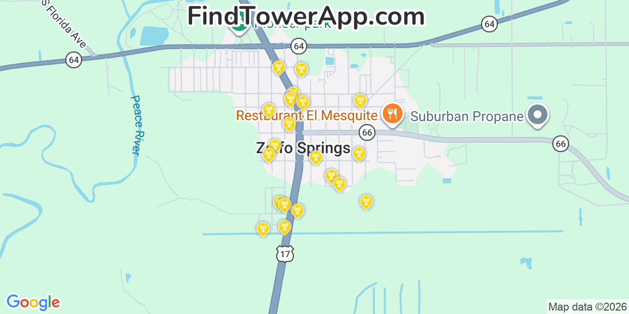 Map showing the 20 primary cell tower locations detected in Zolfo Springs, Florida from AT&T, Verizon, and T-Mobile networks