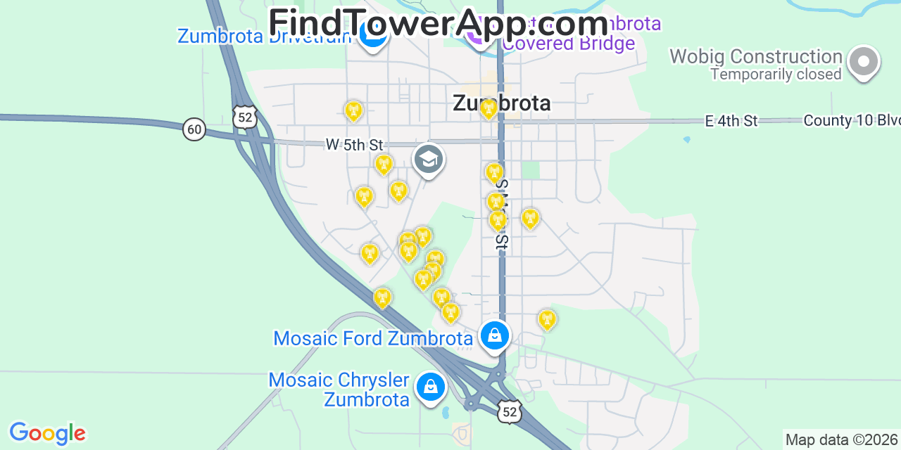 Map showing the 20 primary cell tower locations detected in Zumbrota, Minnesota from AT&T, Verizon, and T-Mobile networks