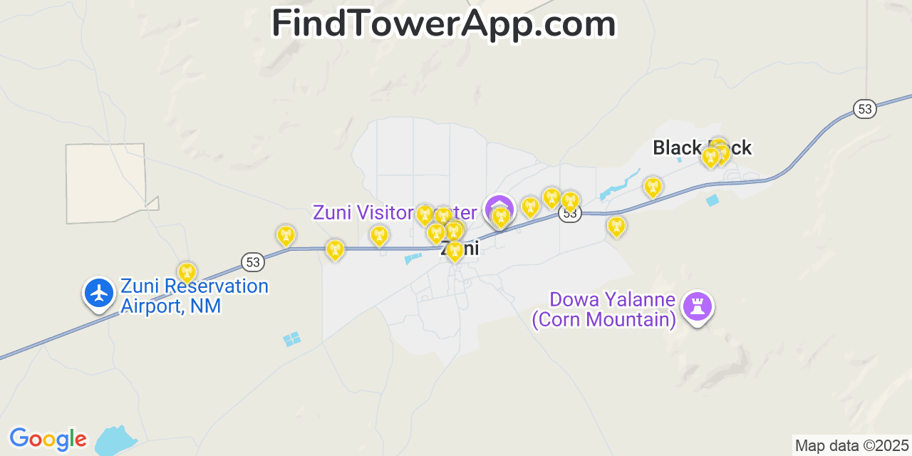 Map showing the 20 primary cell tower locations detected in Zuni Pueblo, New Mexico from AT&T, Verizon, and T-Mobile networks