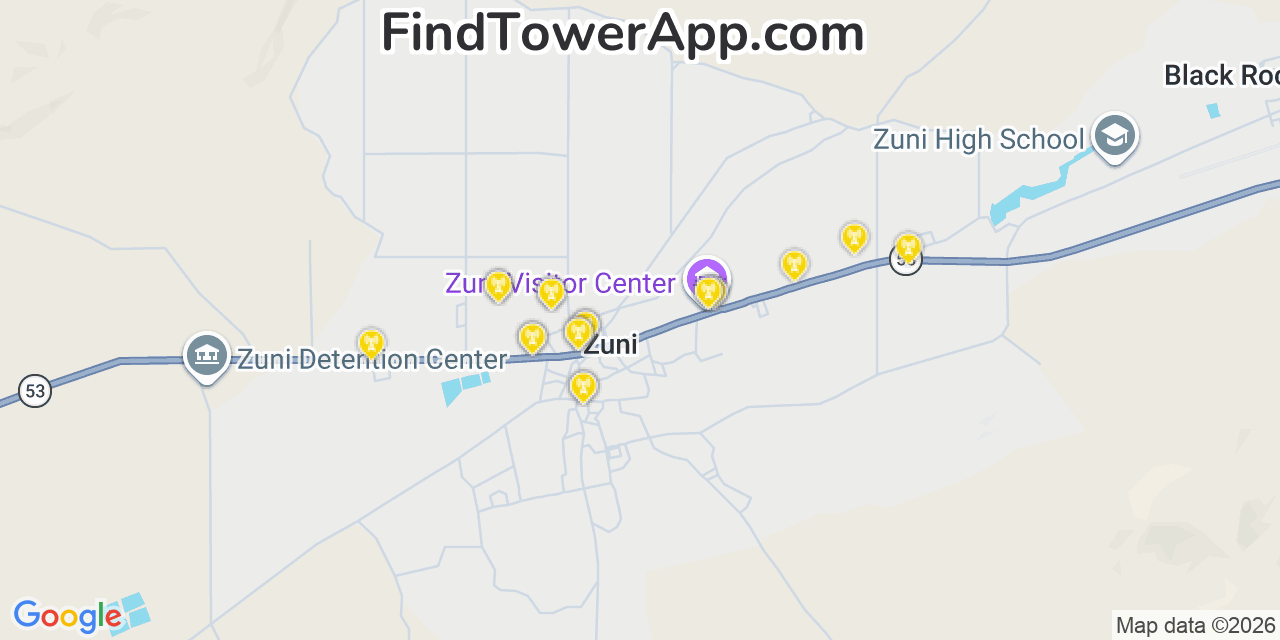 Map showing the 20 primary cell tower locations detected in Zuni Pueblo, New Mexico from AT&T, Verizon, and T-Mobile networks
