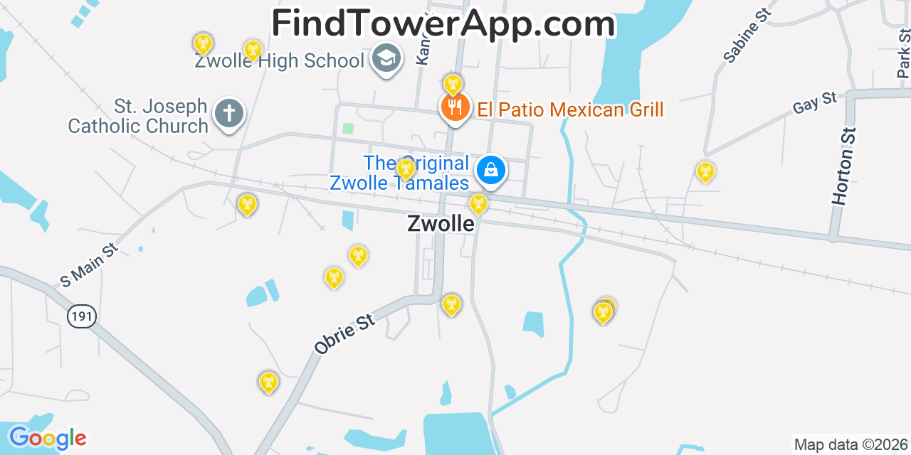 Map showing the 20 primary cell tower locations detected in Zwolle, Louisiana from AT&T, Verizon, and T-Mobile networks