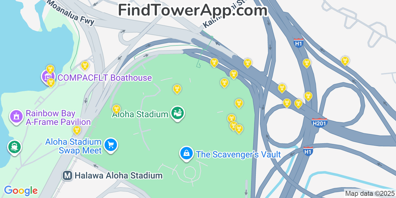 Map showing the 20 primary AT&T cell tower locations detected in ‘Aiea, Hawaii with coverage radius and signal strength indicators
