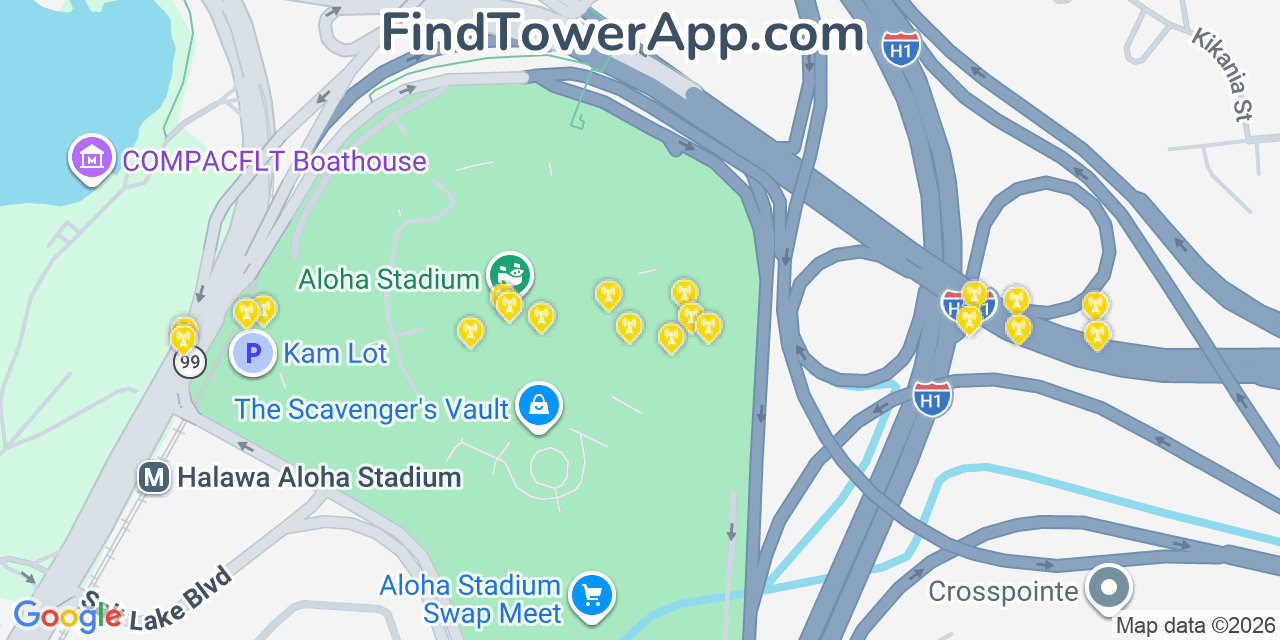 Map showing the 20 primary cell tower locations detected in ‘Aiea, Hawaii from AT&T, Verizon, and T-Mobile networks