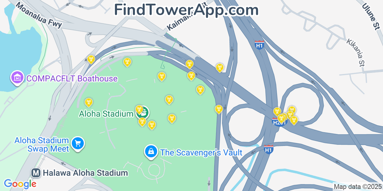Map showing the 20 primary T-Mobile cell tower locations detected in ‘Aiea, Hawaii with coverage radius and signal strength indicators