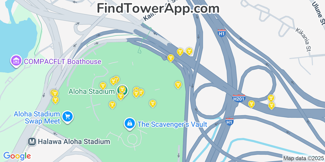 Map showing the 20 primary Verizon cell tower locations detected in ‘Aiea, Hawaii with coverage radius and signal strength indicators