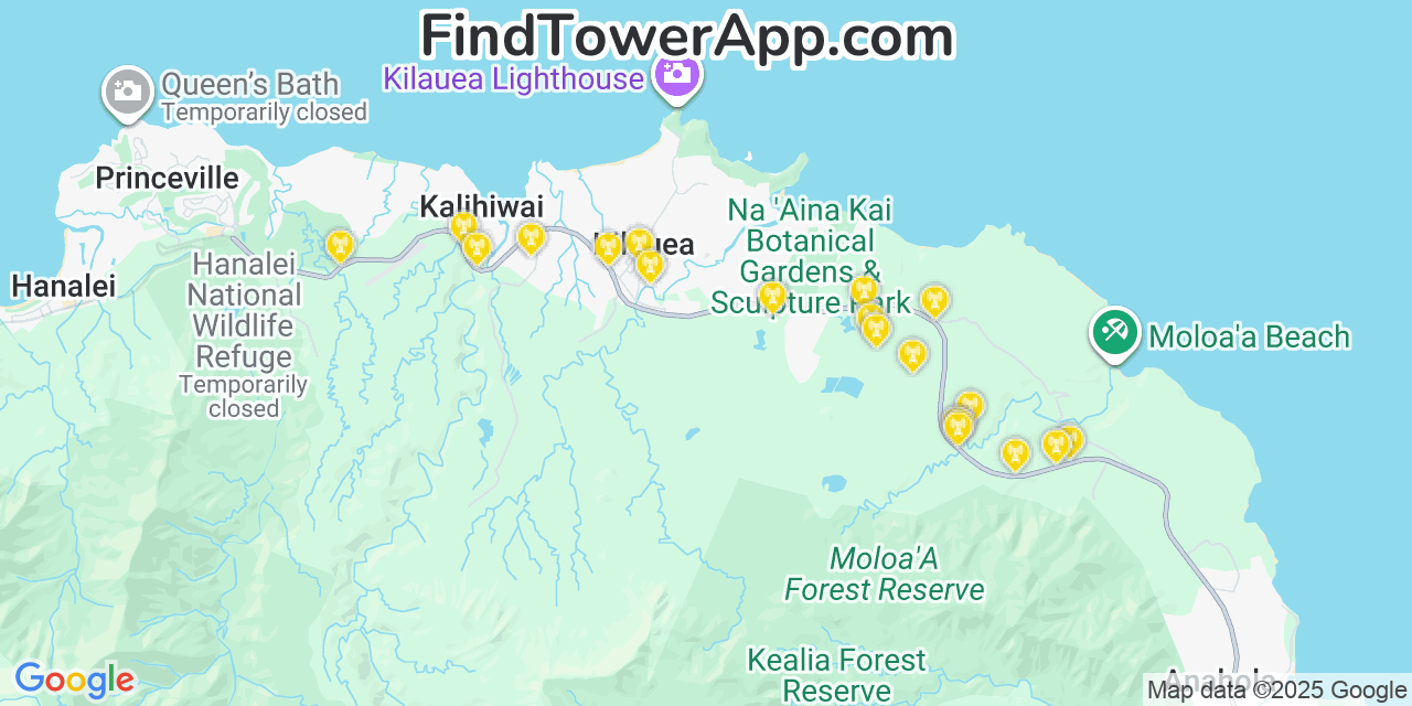 Map showing the 20 primary AT&T cell tower locations detected in ‘Ele‘ele, Hawaii with coverage radius and signal strength indicators