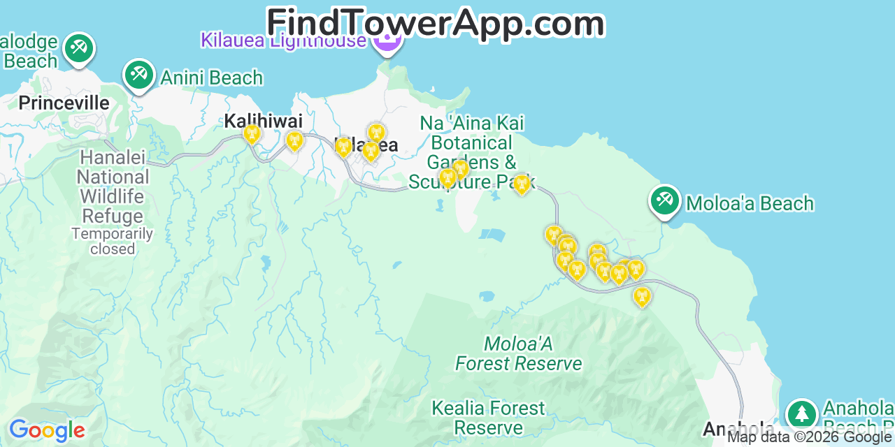 Map showing the 20 primary cell tower locations detected in ‘Ele‘ele, Hawaii from AT&T, Verizon, and T-Mobile networks
