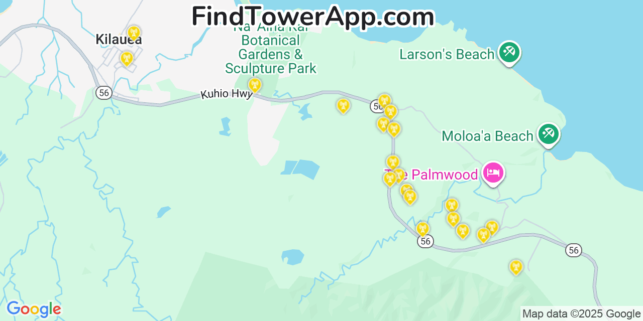 Map showing the 20 primary T-Mobile cell tower locations detected in ‘Ele‘ele, Hawaii with coverage radius and signal strength indicators