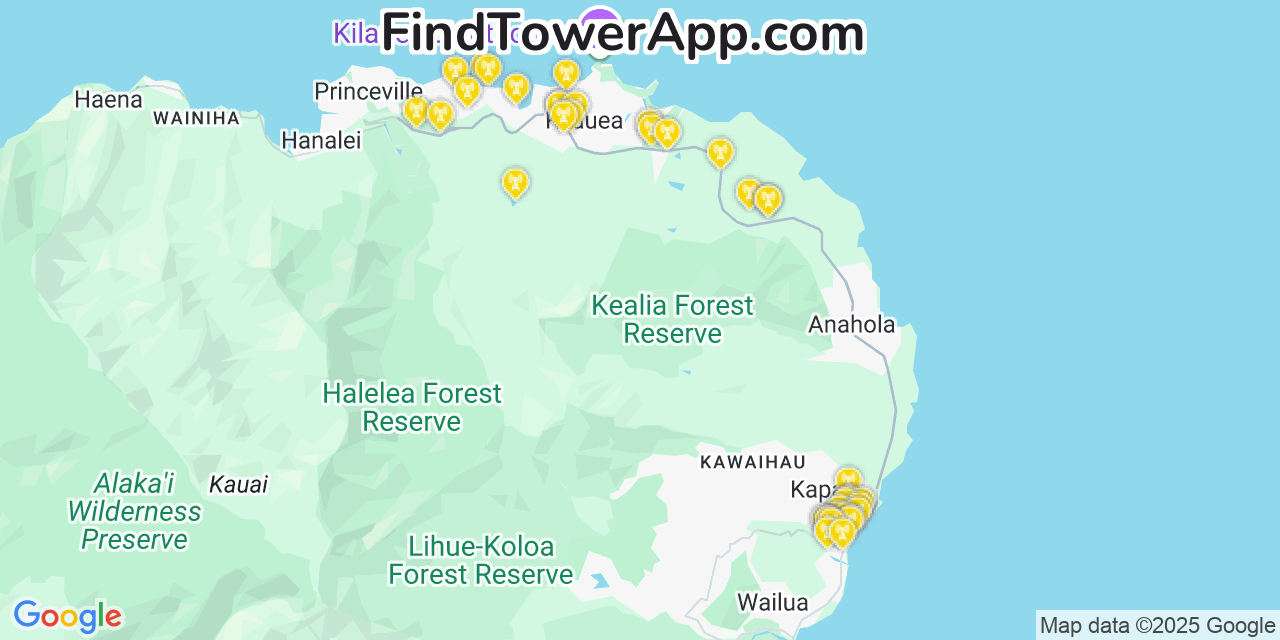 Map showing the 39 primary Verizon cell tower locations detected in ‘Ele‘ele, Hawaii with coverage radius and signal strength indicators
