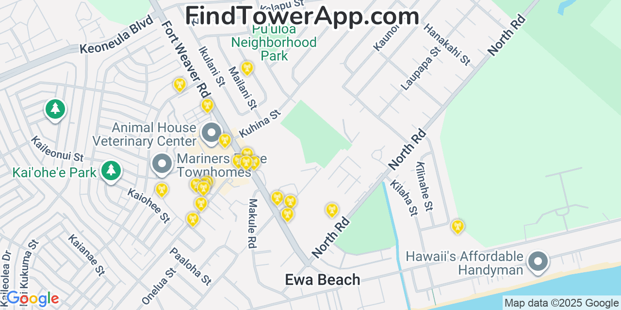 Map showing the 20 primary AT&T cell tower locations detected in ‘Ewa Beach, Hawaii with coverage radius and signal strength indicators