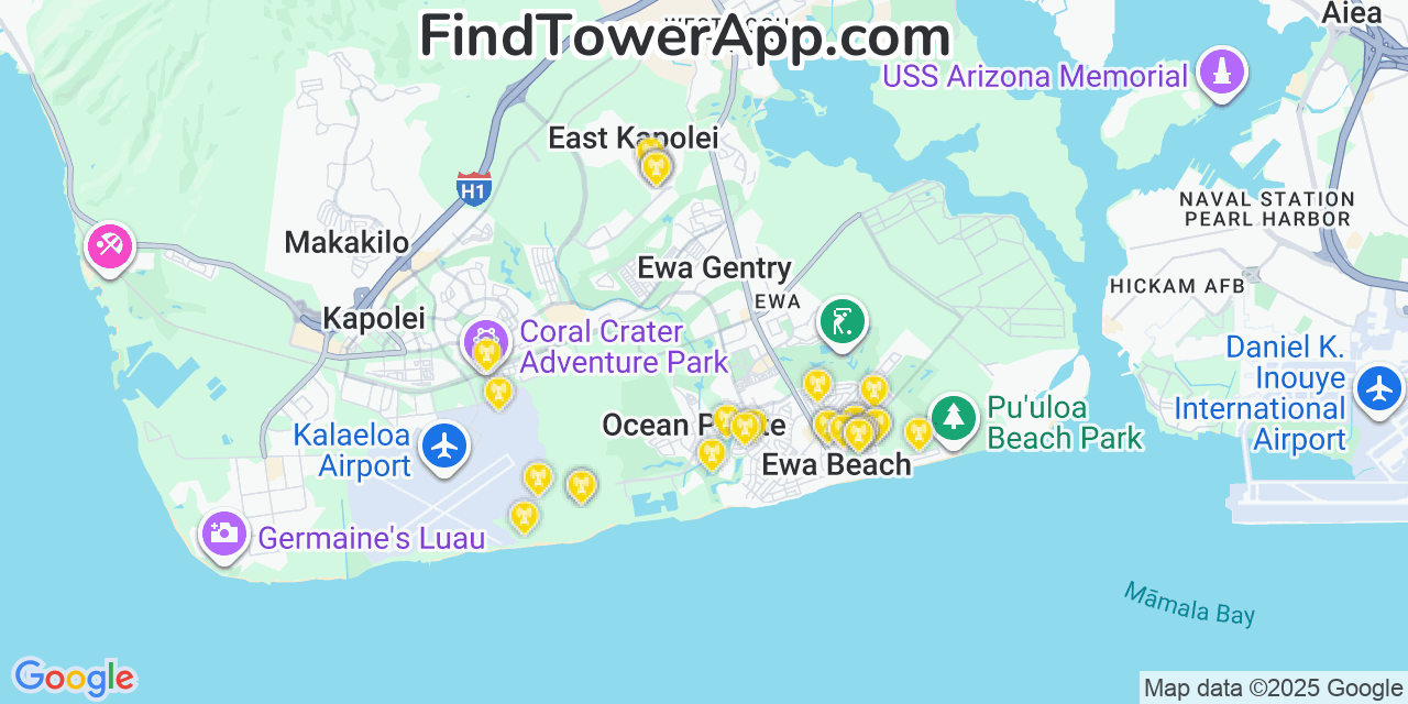 Map showing the 28 primary Verizon cell tower locations detected in ‘Ewa Beach, Hawaii with coverage radius and signal strength indicators