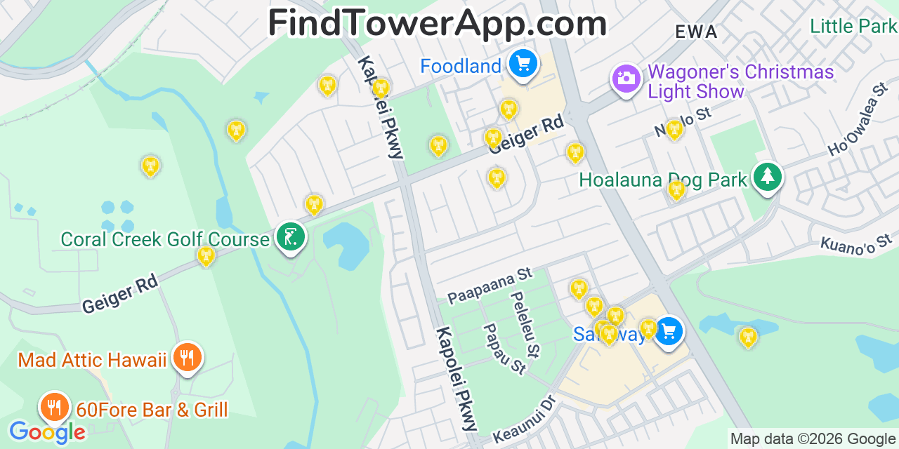 Map showing the 20 primary AT&T cell tower locations detected in ‘Ewa Gentry, Hawaii with coverage radius and signal strength indicators