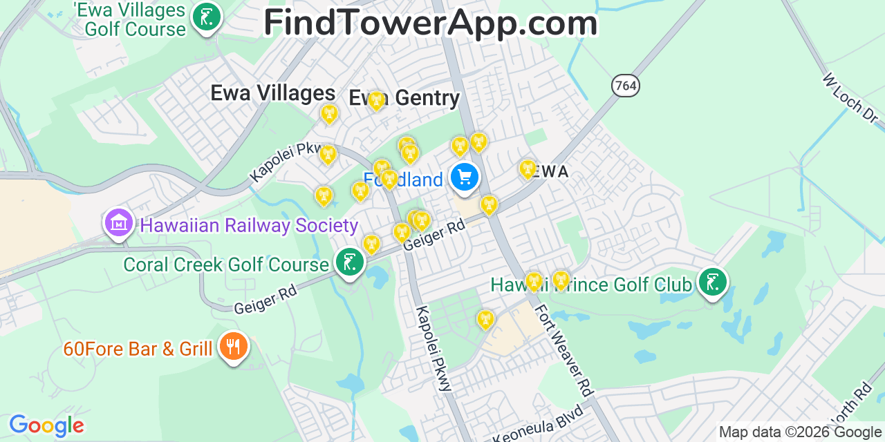 Map showing the 20 primary T-Mobile cell tower locations detected in ‘Ewa Gentry, Hawaii with coverage radius and signal strength indicators