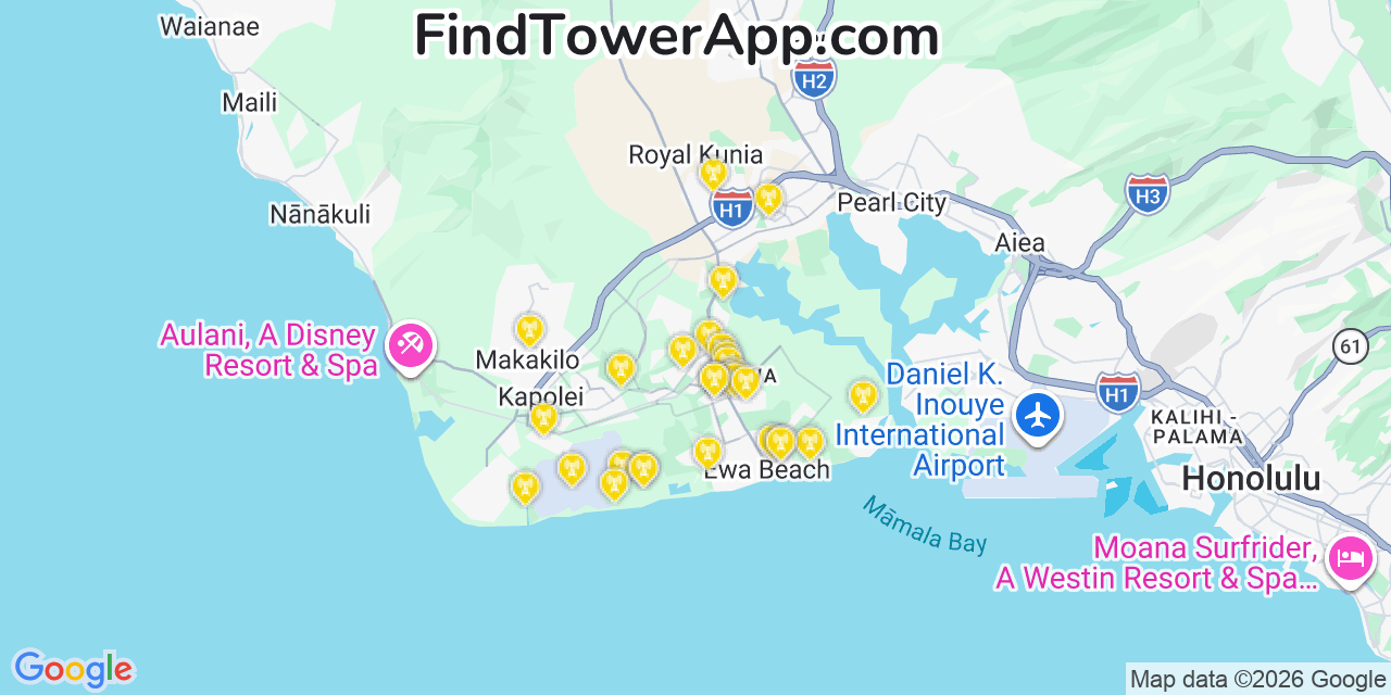 Map showing the 29 primary Verizon cell tower locations detected in ‘Ewa Gentry, Hawaii with coverage radius and signal strength indicators