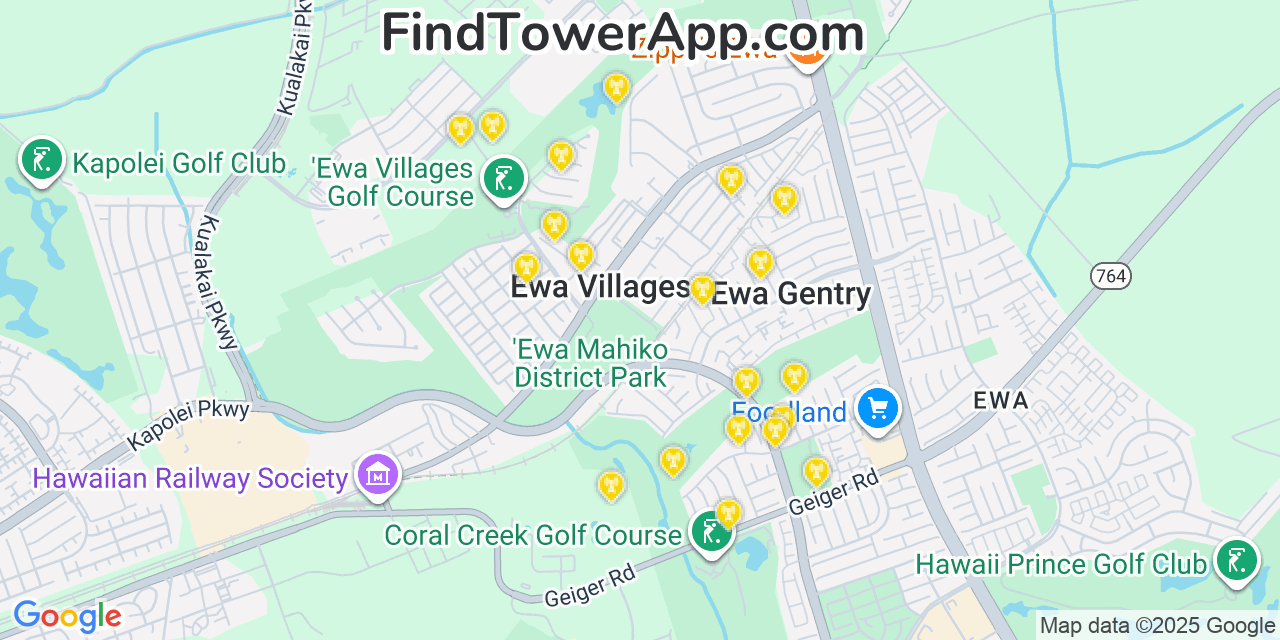 Map showing the 20 primary AT&T cell tower locations detected in ‘Ewa Villages, Hawaii with coverage radius and signal strength indicators
