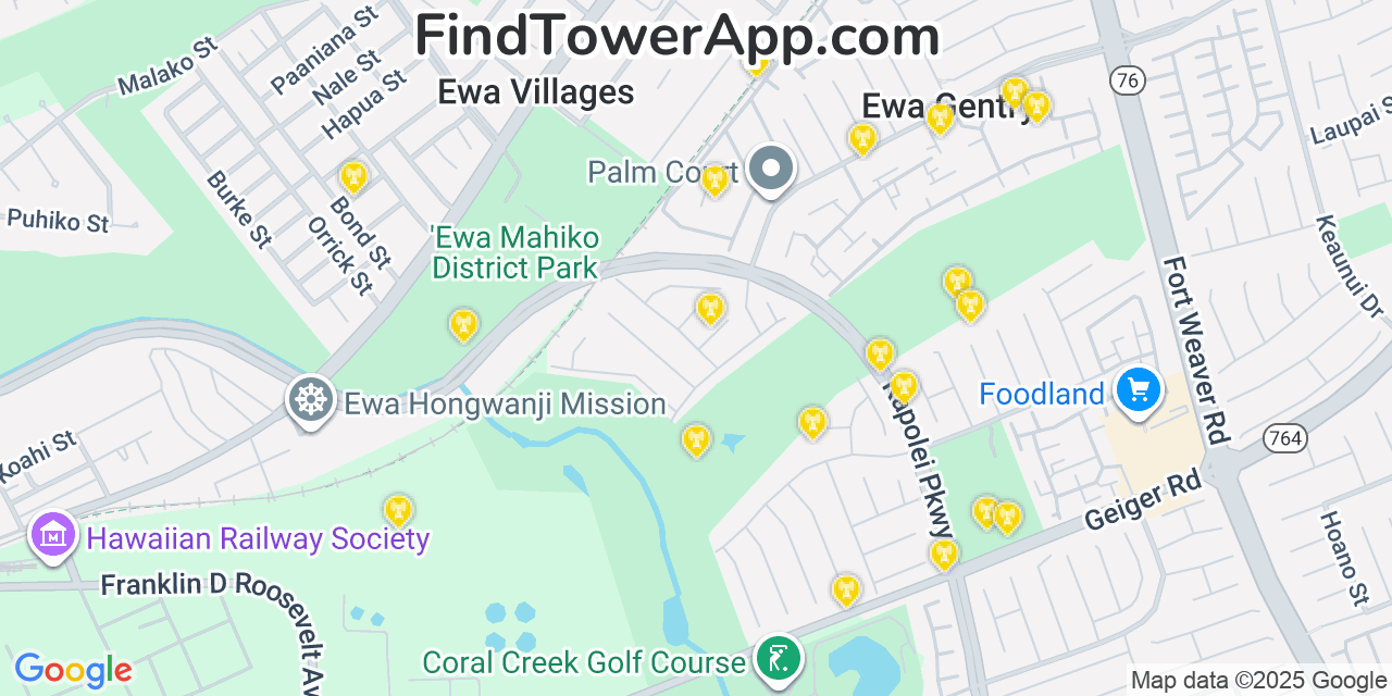 Map showing the 20 primary T-Mobile cell tower locations detected in ‘Ewa Villages, Hawaii with coverage radius and signal strength indicators