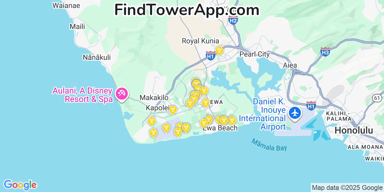 Map showing the 29 primary Verizon cell tower locations detected in ‘Ewa Villages, Hawaii with coverage radius and signal strength indicators