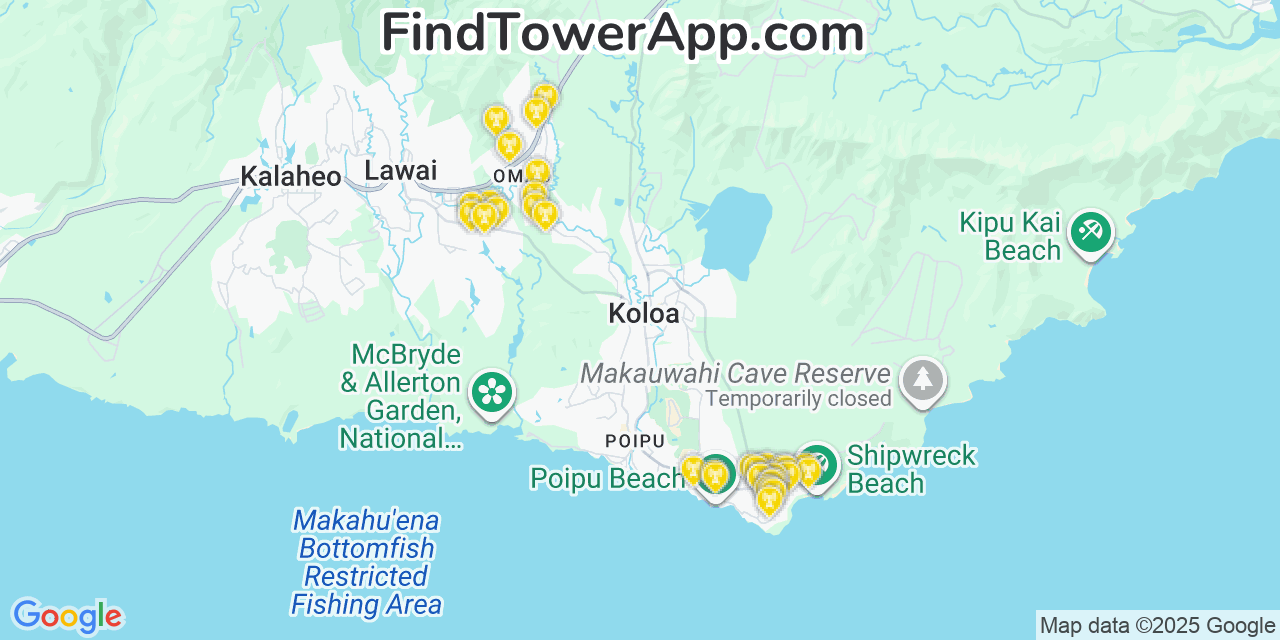 Map showing the 33 primary AT&T cell tower locations detected in ‘Ōma‘o, Hawaii with coverage radius and signal strength indicators