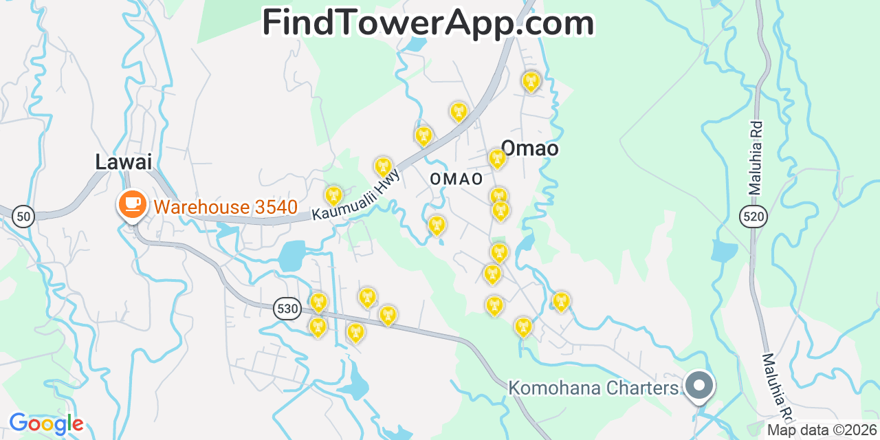 Map showing the 20 primary cell tower locations detected in ‘Ōma‘o, Hawaii from AT&T, Verizon, and T-Mobile networks