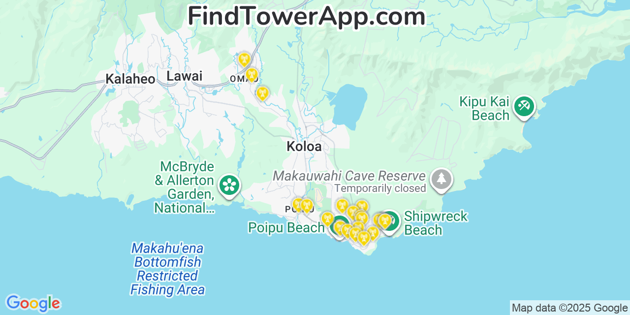 Map showing the 23 primary T-Mobile cell tower locations detected in ‘Ōma‘o, Hawaii with coverage radius and signal strength indicators