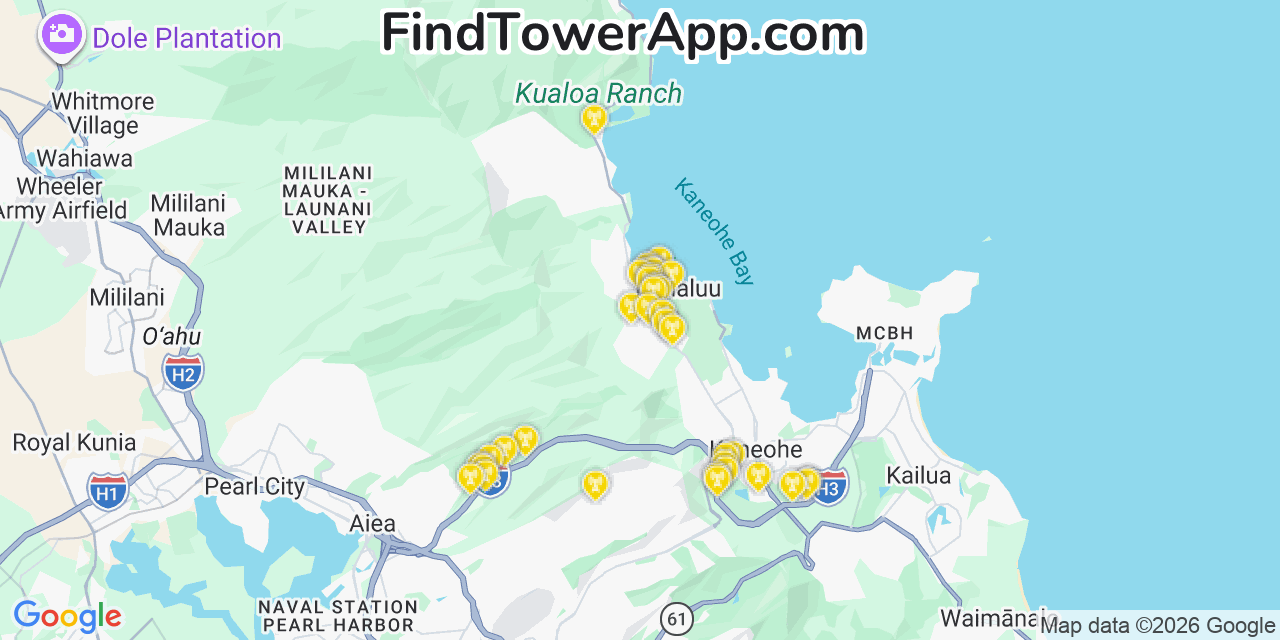 Map showing the 35 primary AT&T cell tower locations detected in  %C4%80Huimanu, Hawaii with coverage radius and signal strength indicators