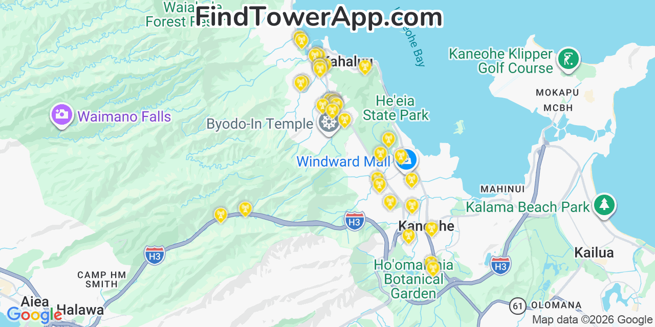 Map showing the 37 primary T-Mobile cell tower locations detected in  %C4%80Huimanu, Hawaii with coverage radius and signal strength indicators