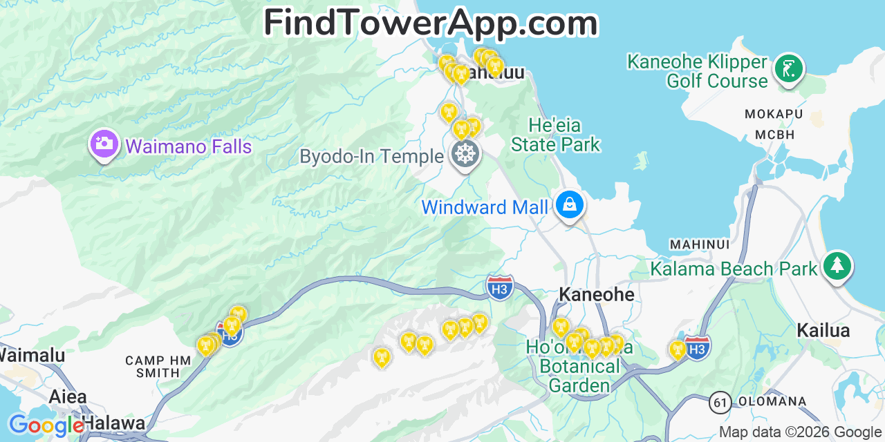 Map showing the 27 primary Verizon cell tower locations detected in  %C4%80Huimanu, Hawaii with coverage radius and signal strength indicators