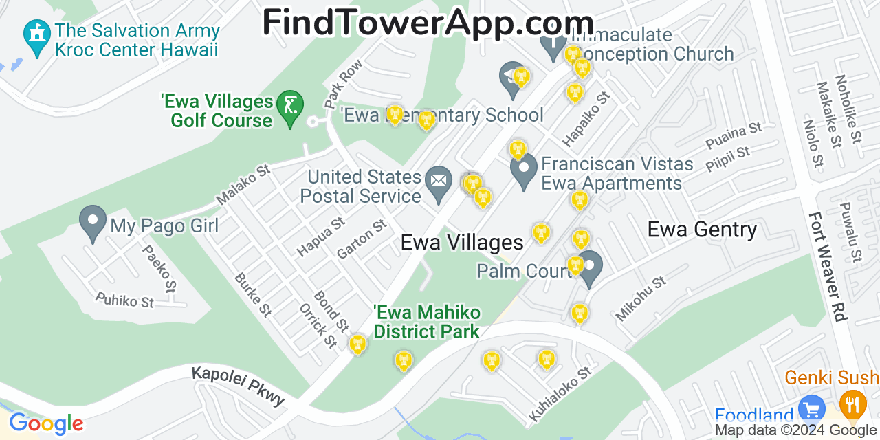 AT&T 4G/5G cell tower coverage map ‘Ewa Villages, Hawaii