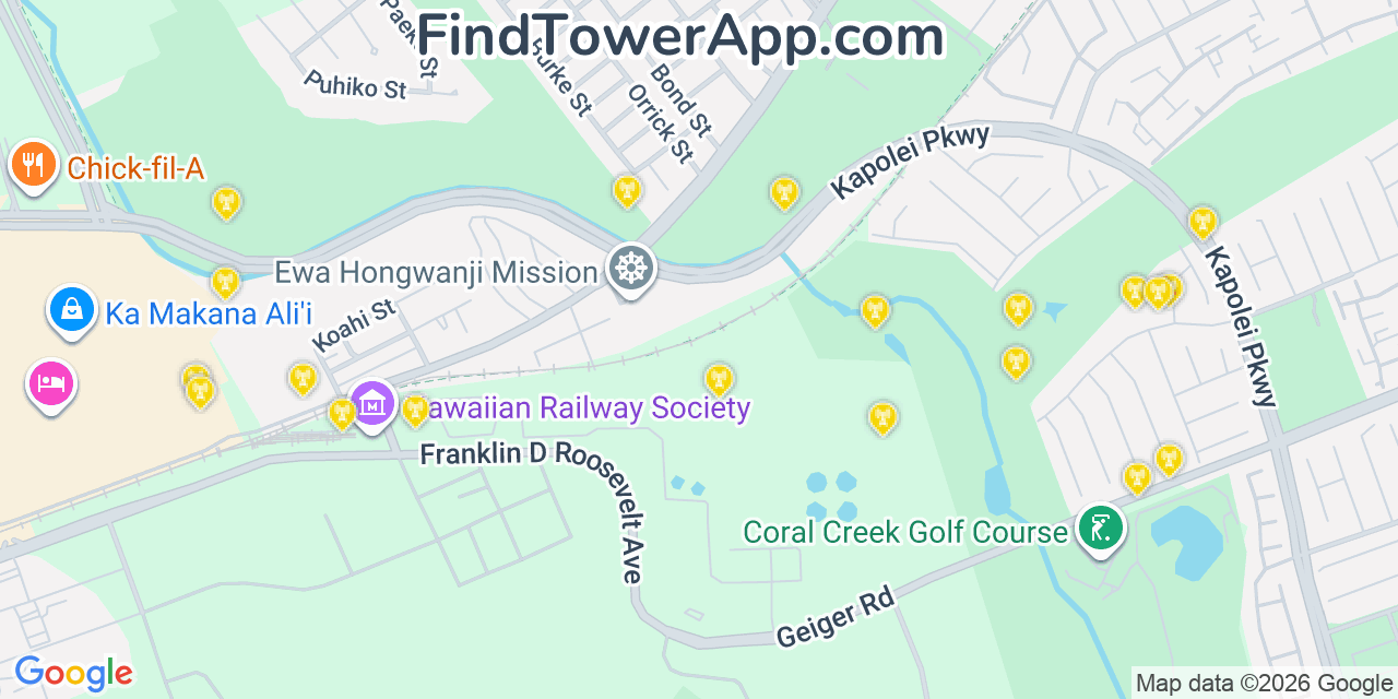 Map showing the 20 primary cell tower locations detected in �Ewa Villages, Hawaii from AT&T, Verizon, and T-Mobile networks