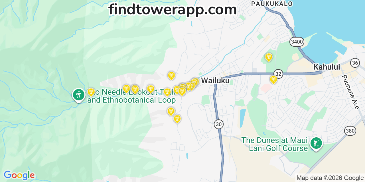 Map showing the 20 primary cell tower locations detected in ・Π費ｽ｢・・Ｄ竄ｬ蝣具ｽｬ・・噤蜈鮫E・・ｽ｣・ゑｽ｢・・Ｄ竄ｬ蝣具ｽｬ・・噤蜈鮫E, Hawaii from AT&T, Verizon, and T-Mobile networks