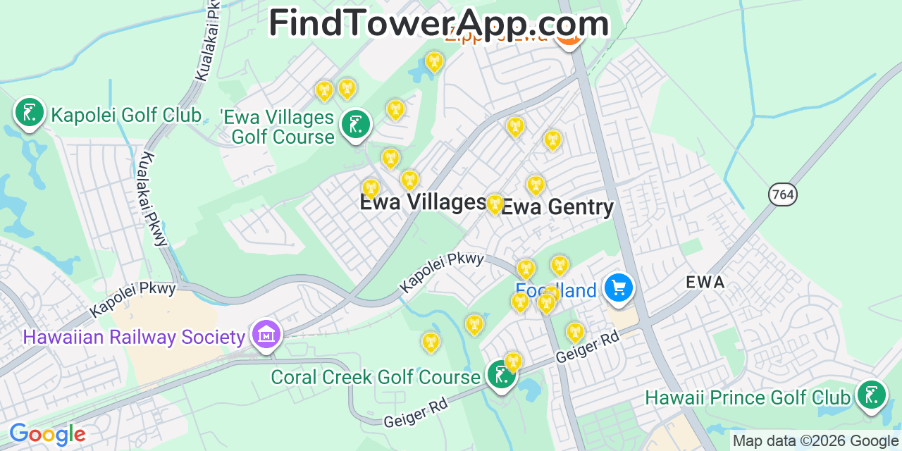 Map showing the 20 primary AT&T cell tower locations detected in ‘ewa Villages, Hawaii with coverage radius and signal strength indicators