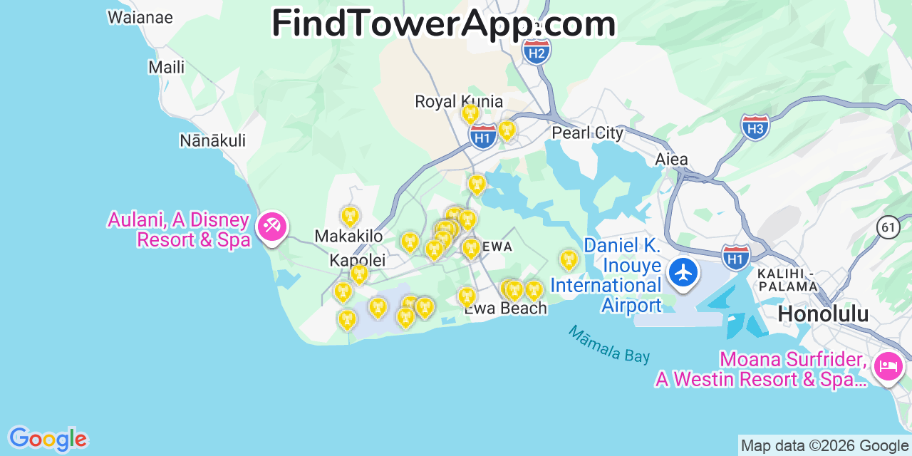 Map showing the 29 primary Verizon cell tower locations detected in ‘ewa Villages, Hawaii with coverage radius and signal strength indicators